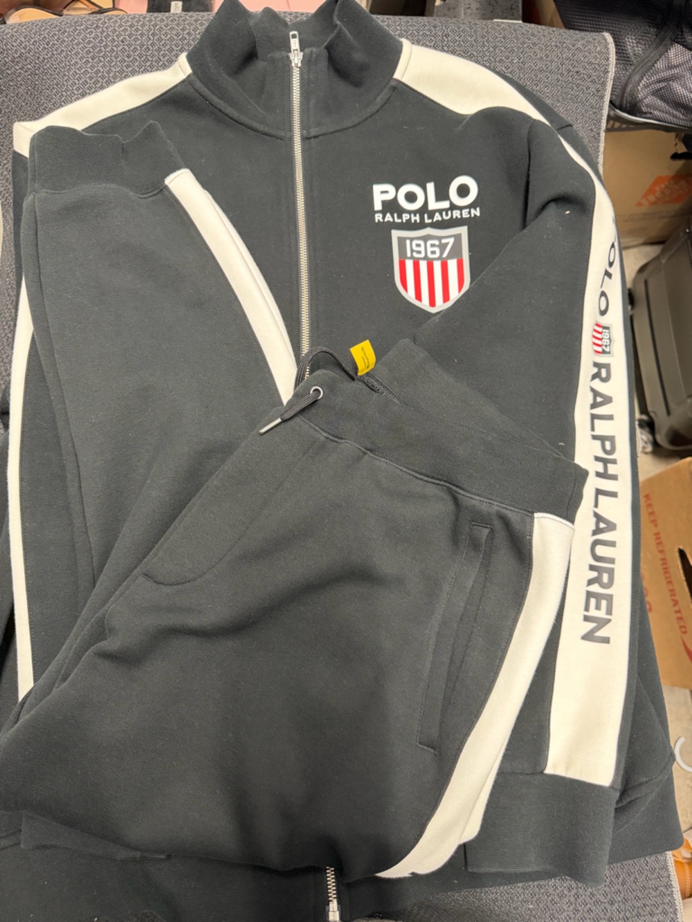 Polo by Ralph Lauren Black and Cream Zip-Up Tracksuit with Red Accent Shield